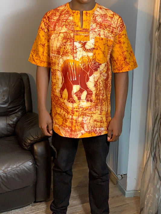 Unisex-Shirt, Batik, Gelb, Kurze Ärmel, Uni, Elefantenmuster.