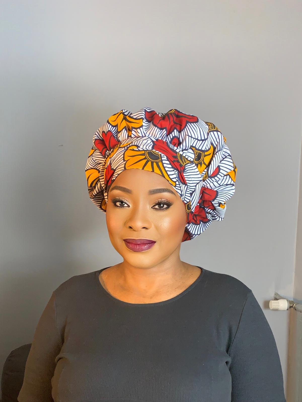 Satin bonnet in wedding flower turban