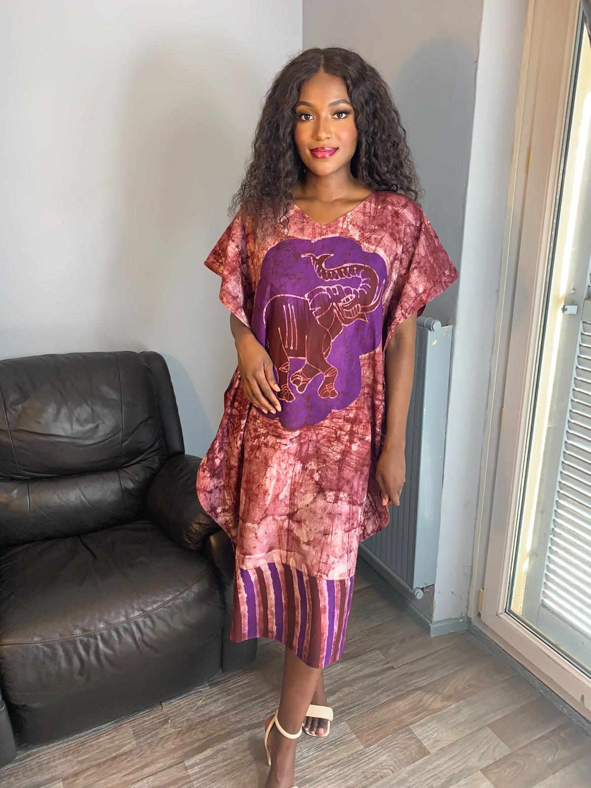 Robe femme Batik Violet motif Éléphant 100% Coton