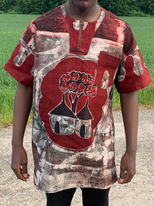 Unisex-Shirt, Batik, Burgund, Kurze Ärmel, Uni, Case Tata Samba Muster