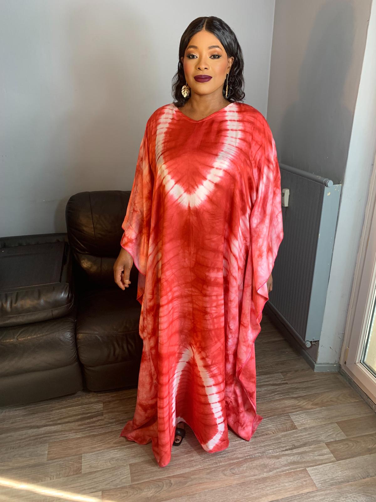 Adiré Red Caftan Silk Boubou – Tie and Dye Silk Long Dress Adire Silk Batik