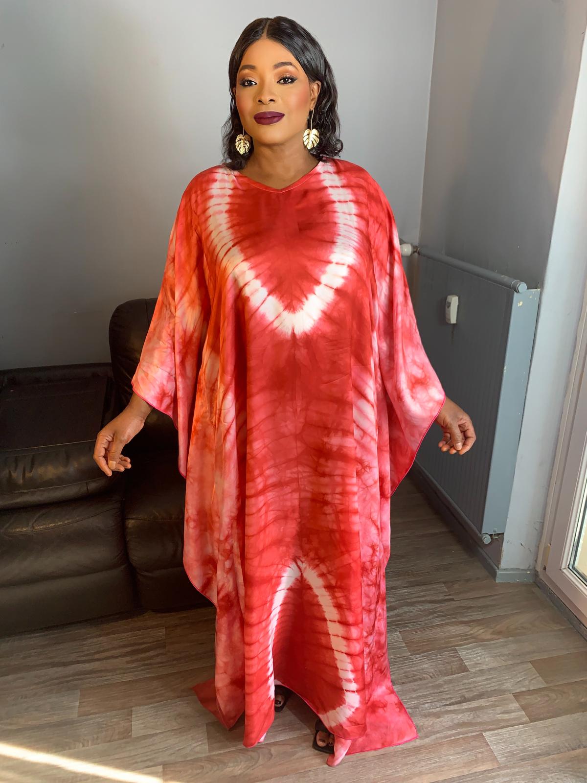 Adiré Red Caftan Silk Boubou – Tie and Dye Silk Long Dress Adire Silk Batik