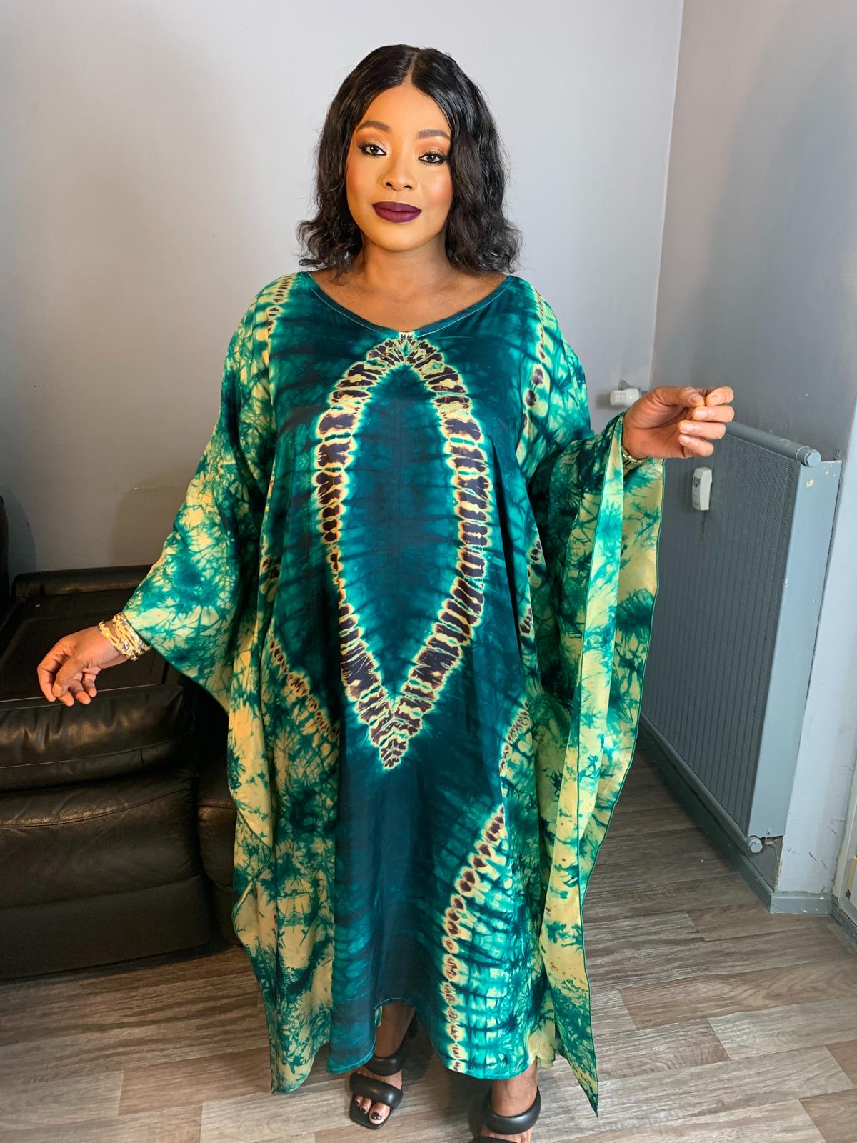 Adiré Green Caftan Silk Boubou – Tie and Dye Silk Long Dress Adire Silk Batik