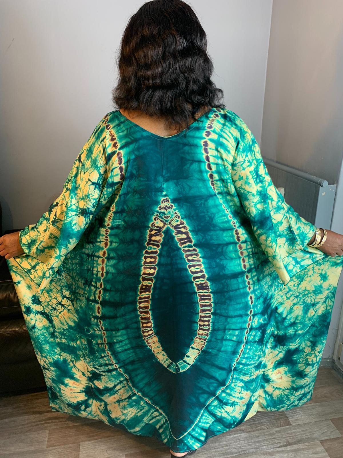 Adiré Green Caftan Silk Boubou – Tie and Dye Silk Long Dress Adire Silk Batik