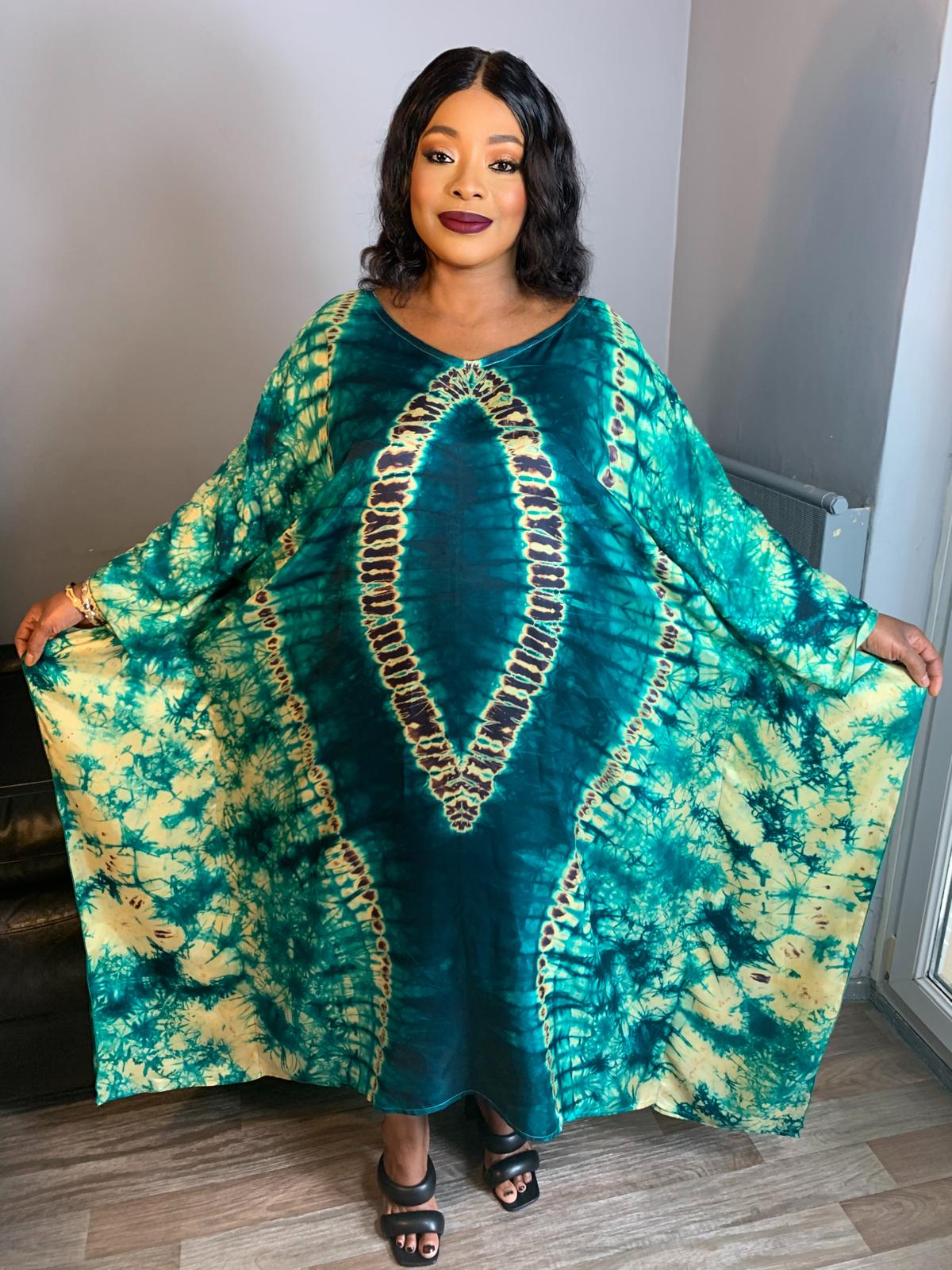Adiré Green Caftan Silk Boubou – Tie and Dye Silk Long Dress Adire Silk Batik