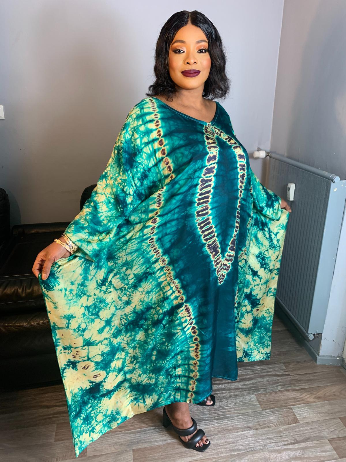 Adiré Green Caftan Silk Boubou – Tie and Dye Silk Long Dress Adire Silk Batik