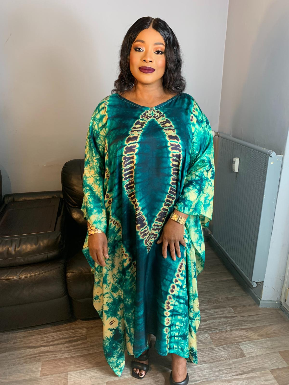 Adiré Green Caftan Silk Boubou – Tie and Dye Silk Long Dress Adire Silk Batik