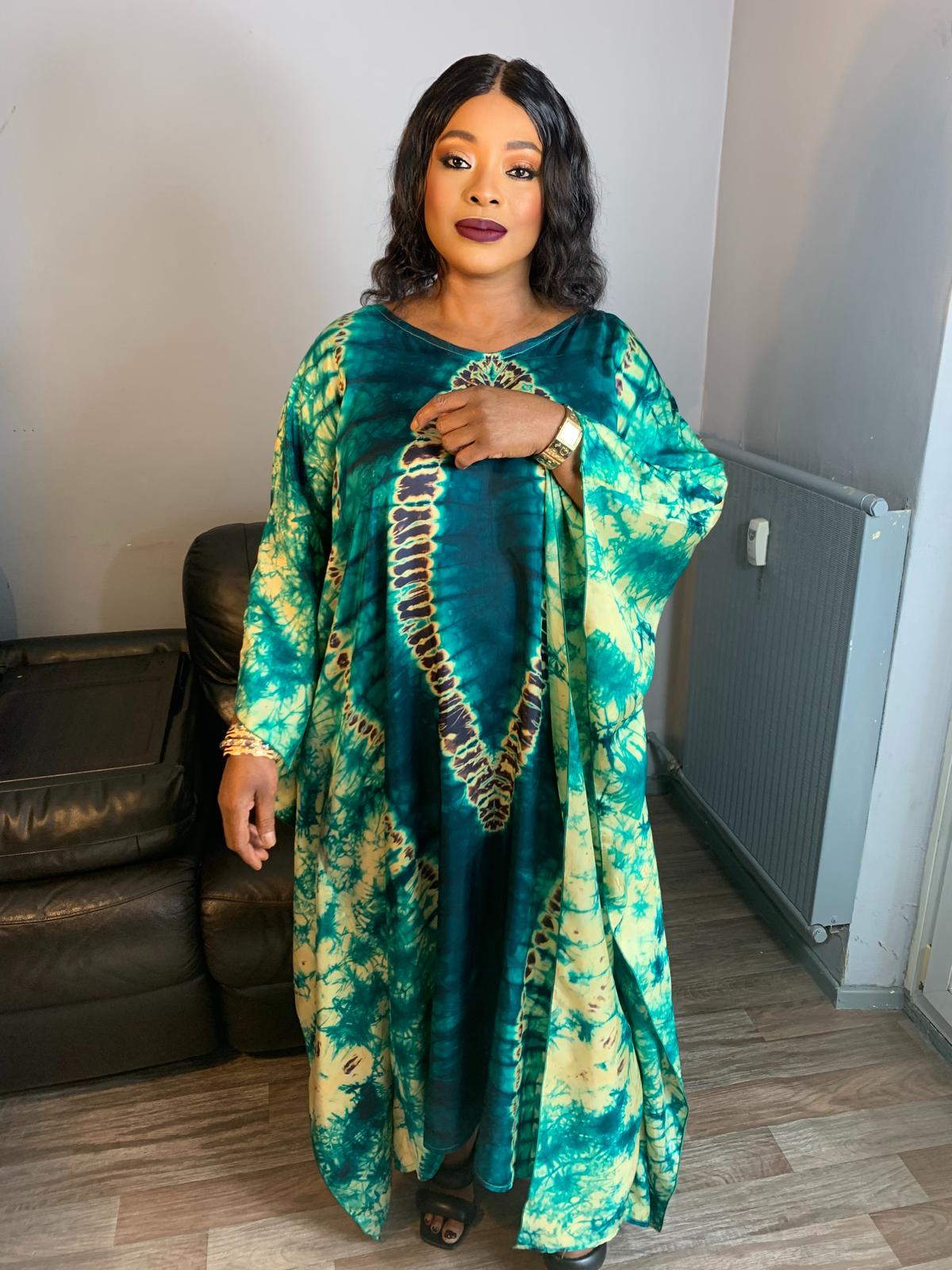 Adiré Green Caftan Silk Boubou – Tie and Dye Silk Long Dress Adire Silk Batik