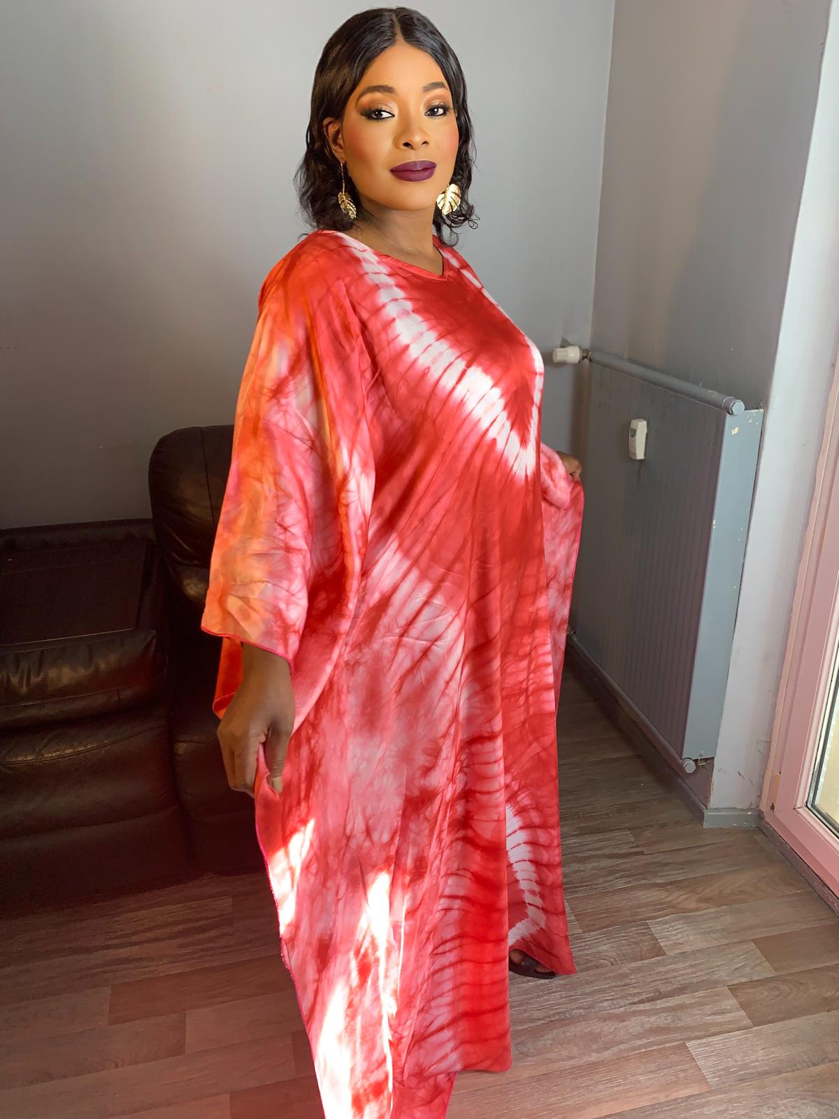Adiré Red Caftan Silk Boubou – Tie and Dye Silk Long Dress Adire Silk Batik