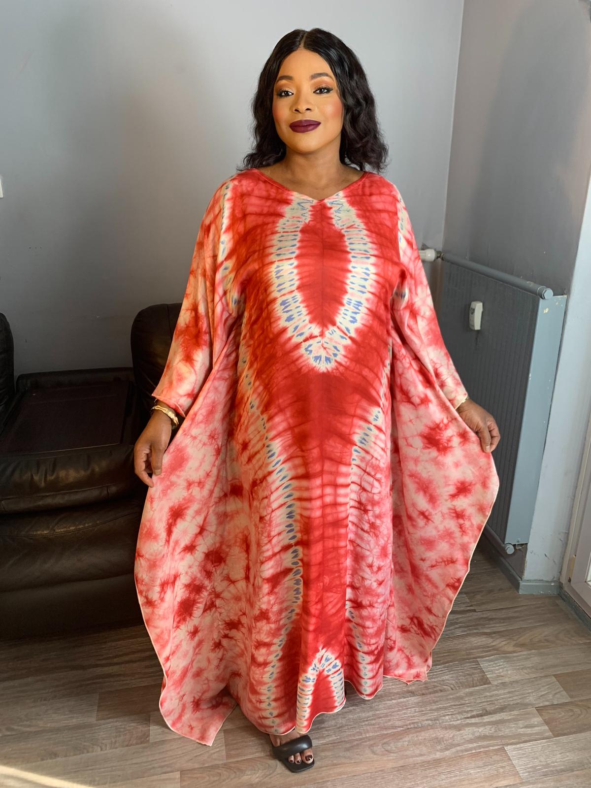 Silk Boubou Adiré Caftan Red White - Long Tie and Dye Silk Dress Adire Silk Batik
