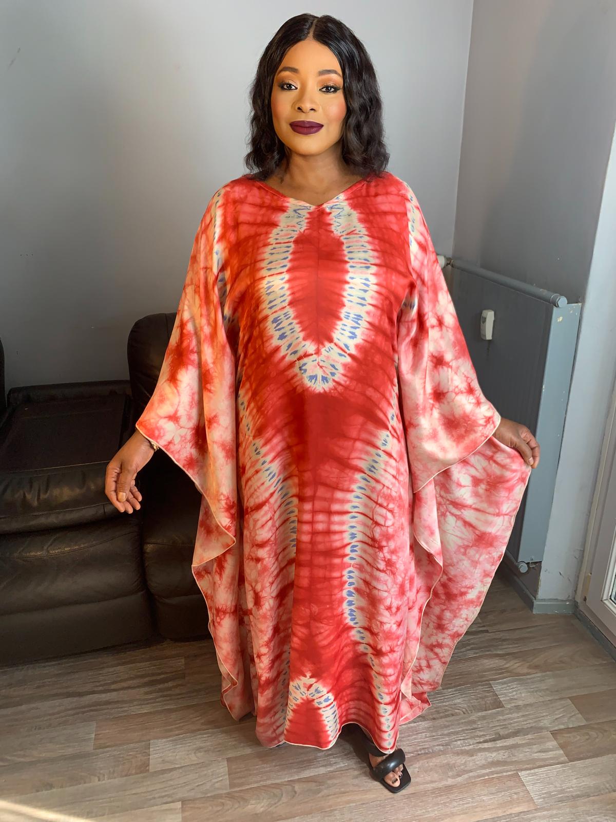 Silk Boubou Adiré Caftan Red White - Long Tie and Dye Silk Dress Adire Silk Batik