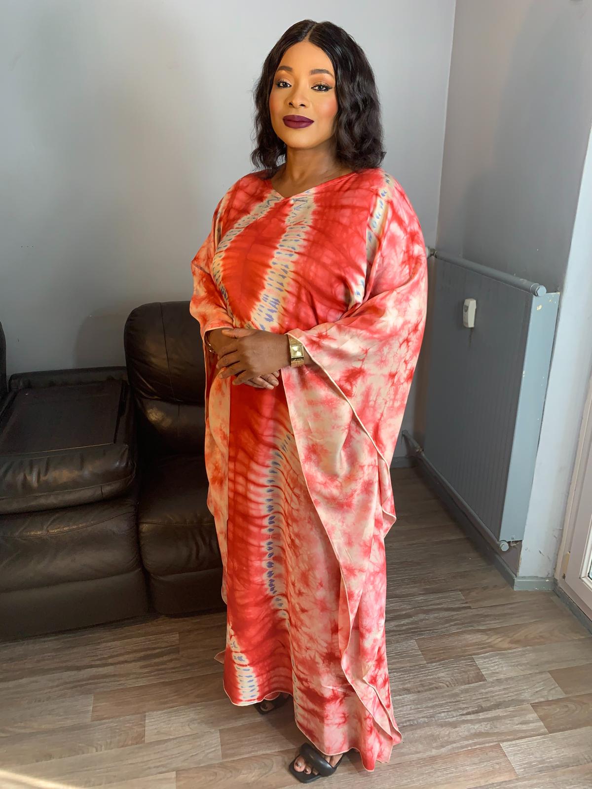 Silk Boubou Adiré Caftan Red White - Long Tie and Dye Silk Dress Adire Silk Batik