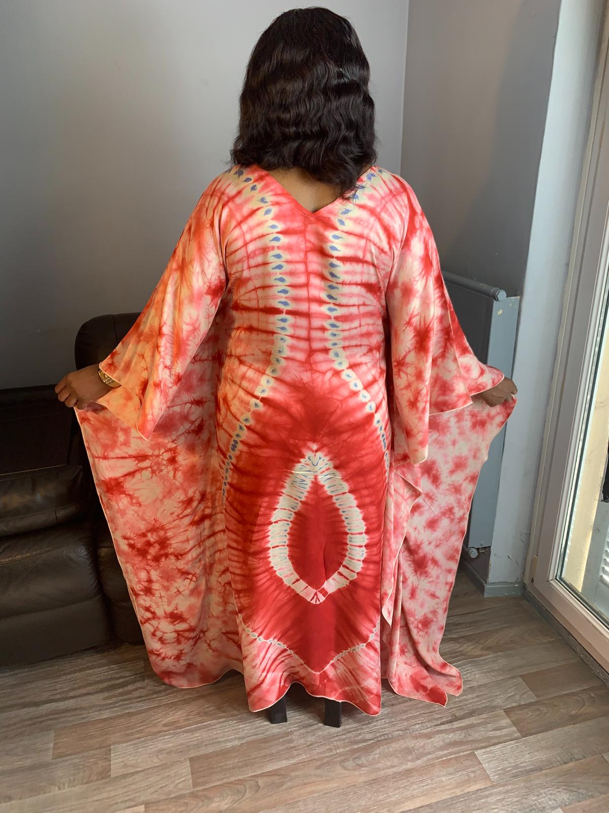 Silk Boubou Adiré Caftan Red White - Long Tie and Dye Silk Dress Adire Silk Batik
