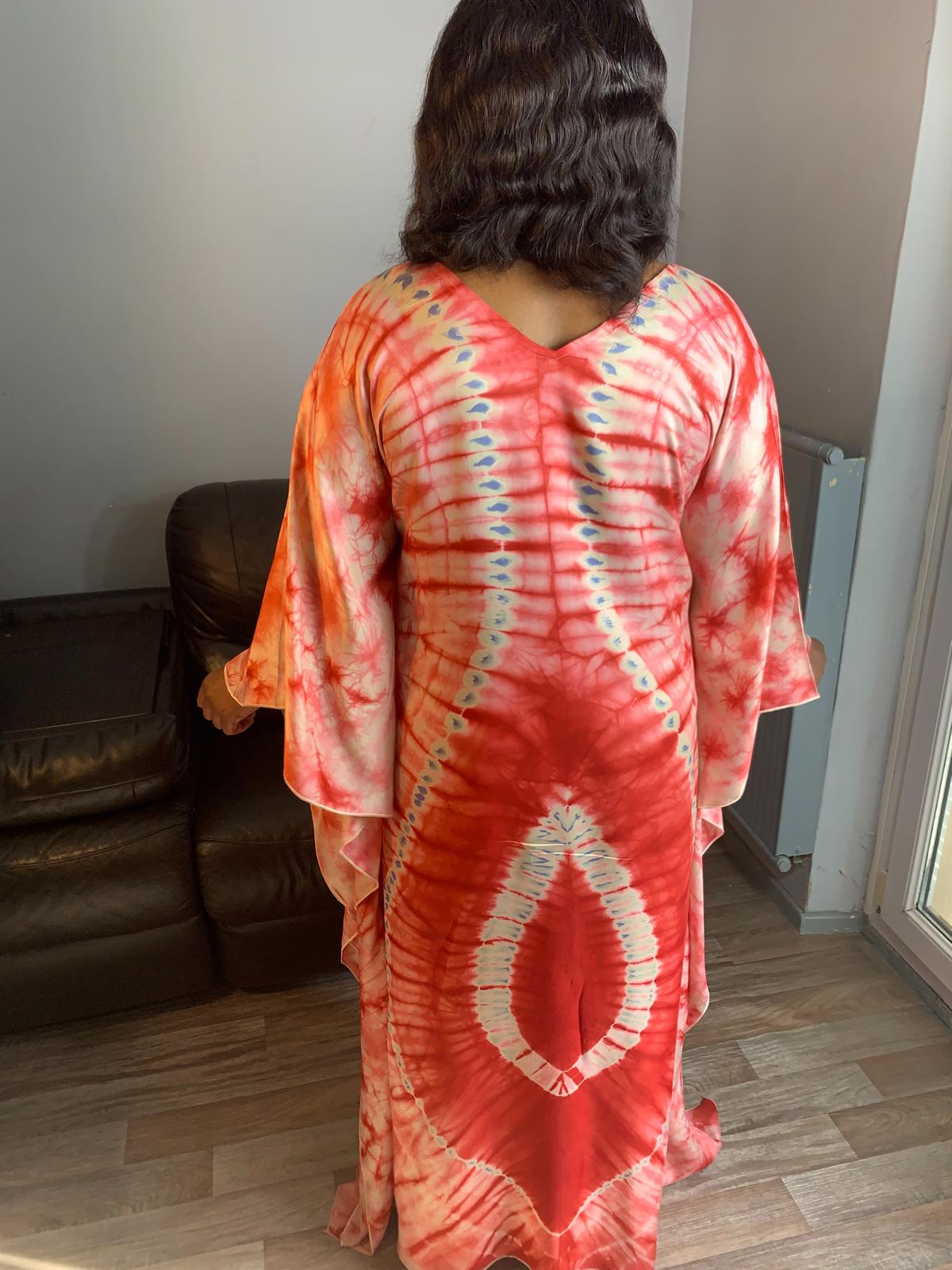 Silk Boubou Adiré Caftan Red White - Long Tie and Dye Silk Dress Adire Silk Batik