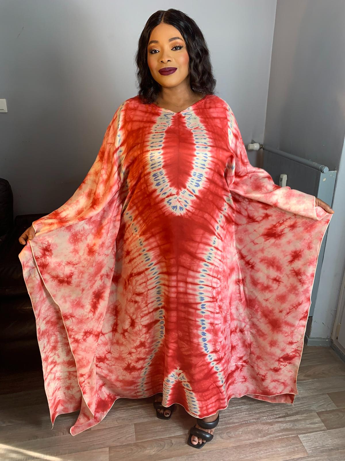 Silk Boubou Adiré Caftan Red White - Long Tie and Dye Silk Dress Adire Silk Batik