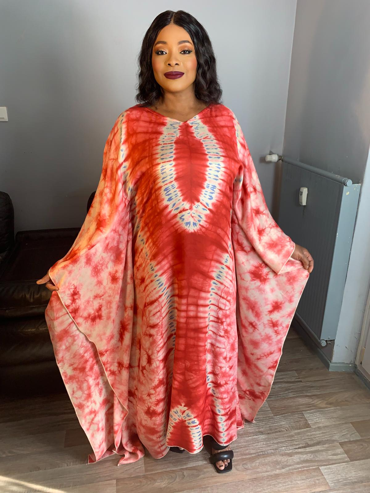 Silk Boubou Adiré Caftan Red White - Long Tie and Dye Silk Dress Adire Silk Batik