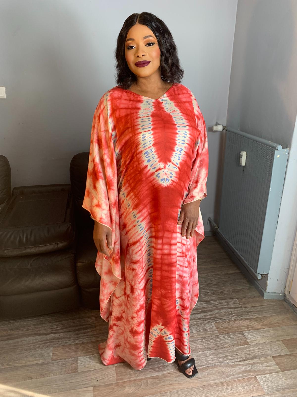 Silk Boubou Adiré Caftan Red White - Long Tie and Dye Silk Dress Adire Silk Batik
