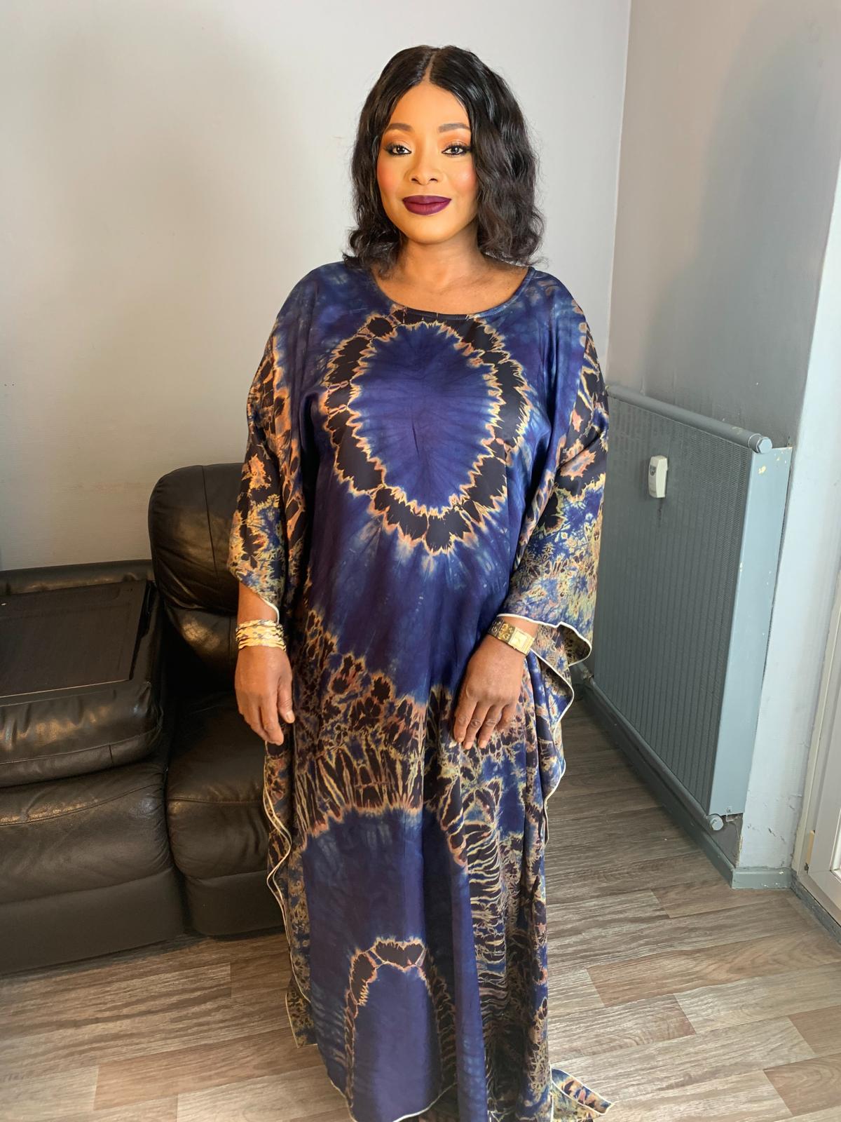 Boubou en Soie Adiré Caftan Bleu - Robe Longue 100% Soie Tie and Dye Adire Silk Batik