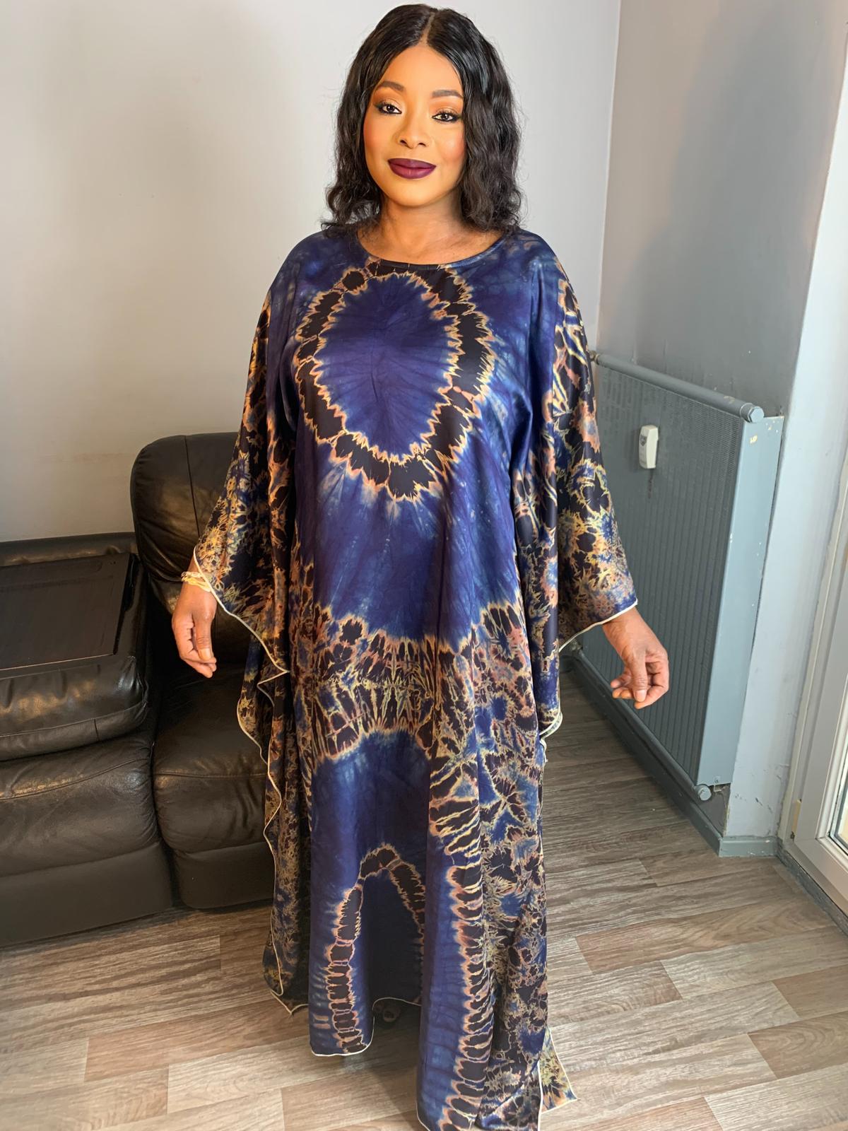 Boubou en Soie Adiré Caftan Bleu - Robe Longue 100% Soie Tie and Dye Adire Silk Batik