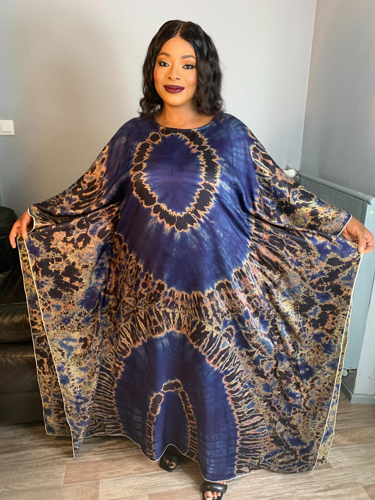 Boubou en Soie Adiré Caftan Bleu - Robe Longue 100% Soie Tie and Dye Adire Silk Batik