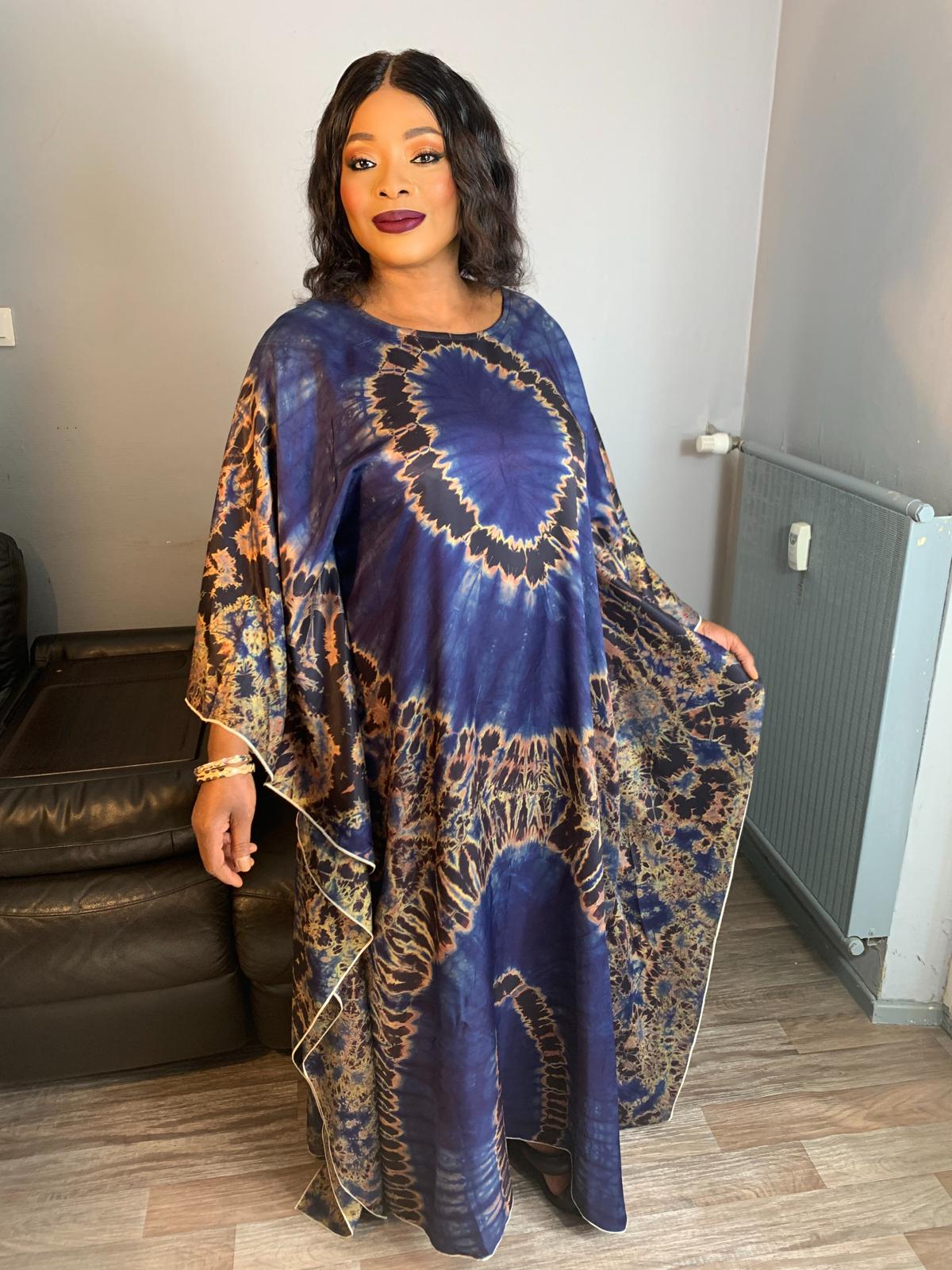 Boubou en Soie Adiré Caftan Bleu - Robe Longue 100% Soie Tie and Dye Adire Silk Batik