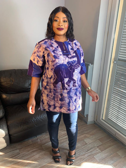 Unisex Shirt, Batik, Blau, Kurzarm, Uni, Elefantenmuster