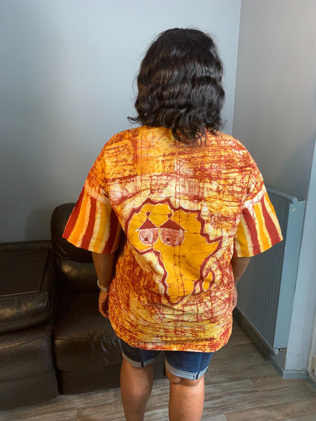 Chemise Mixte Batik Motif Animaux Safari en Coton - Afrique et Case Tata Samba Jaune