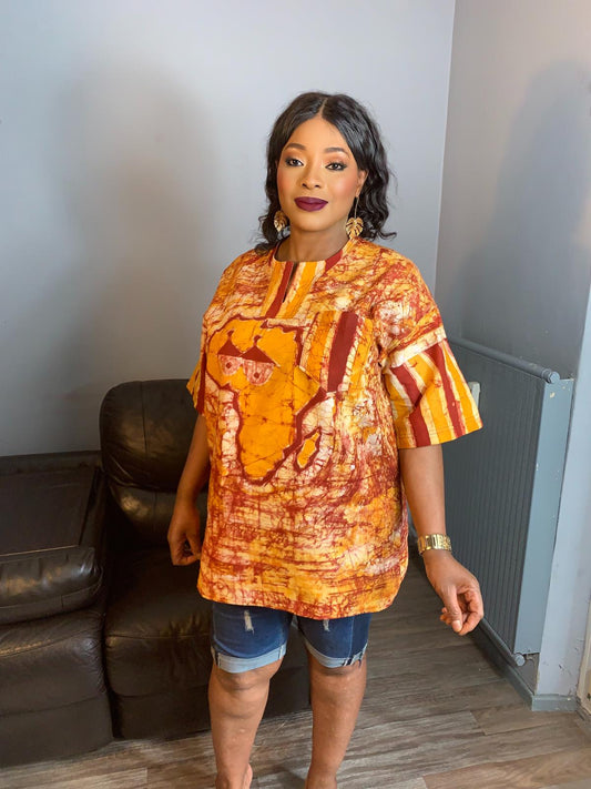 Gemischtes Batik-Shirt mit Safari-Tiermuster aus Baumwolle – Afrika und Etui Tata Samba Gelb