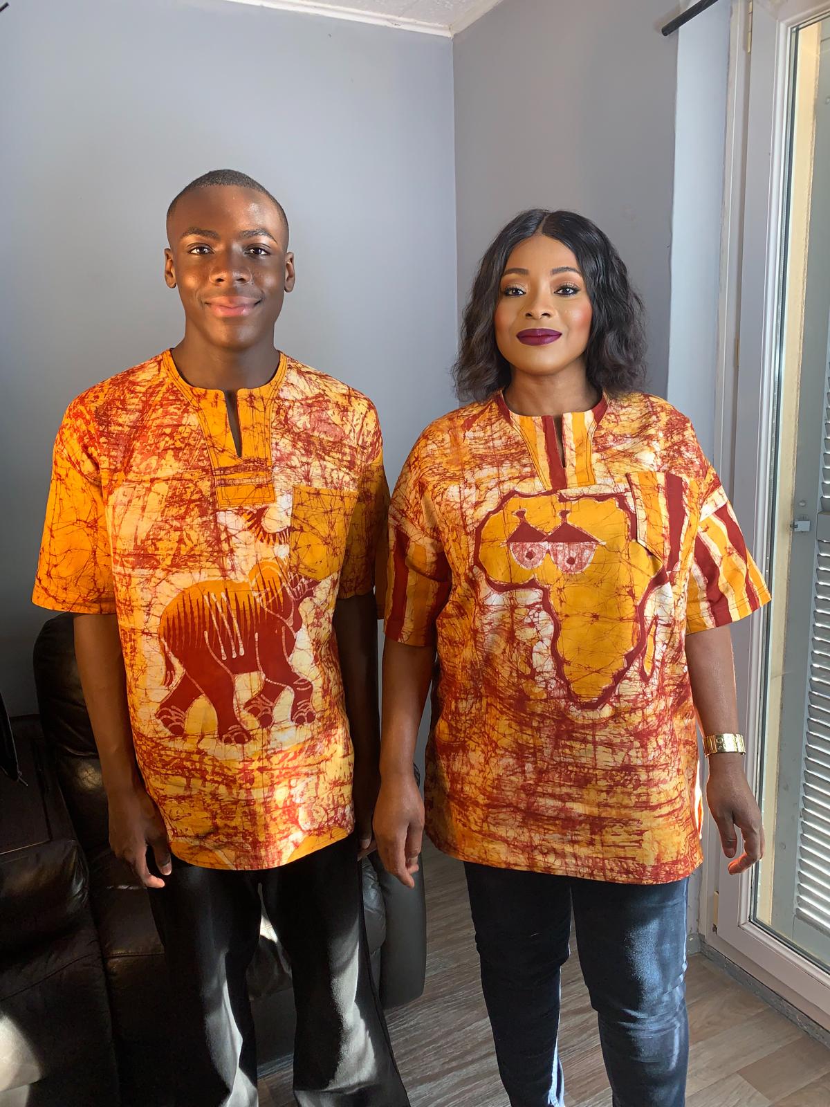 Chemise Mixte Batik Motif Animaux Safari en Coton - Afrique et Case Tata Samba Jaune