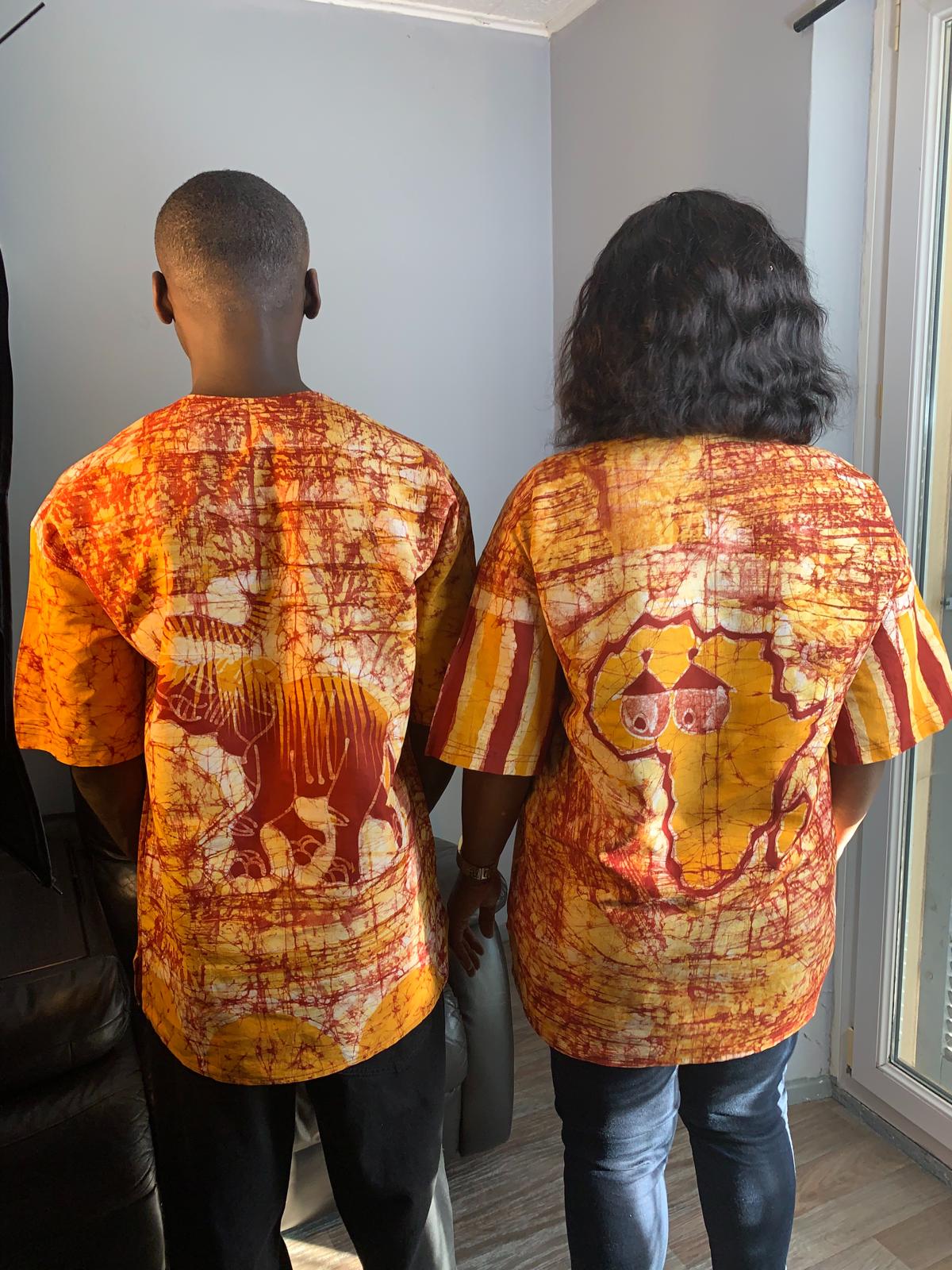 Chemise Mixte Batik Motif Animaux Safari en Coton - Afrique et Case Tata Samba Jaune