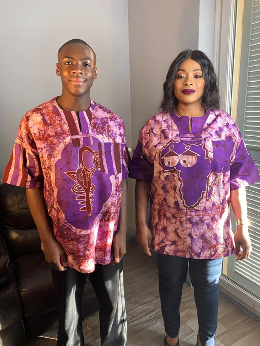 Gemischtes Hemd, Batik, Blau, Kurze Ärmel, Uni, Afrika-Muster und Tata Samba Etui