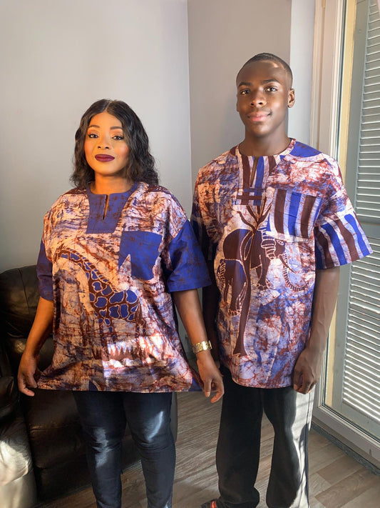 Unisex Shirt, Batik, Blau, Kurze Ärmel, Uni, Giraffenmuster