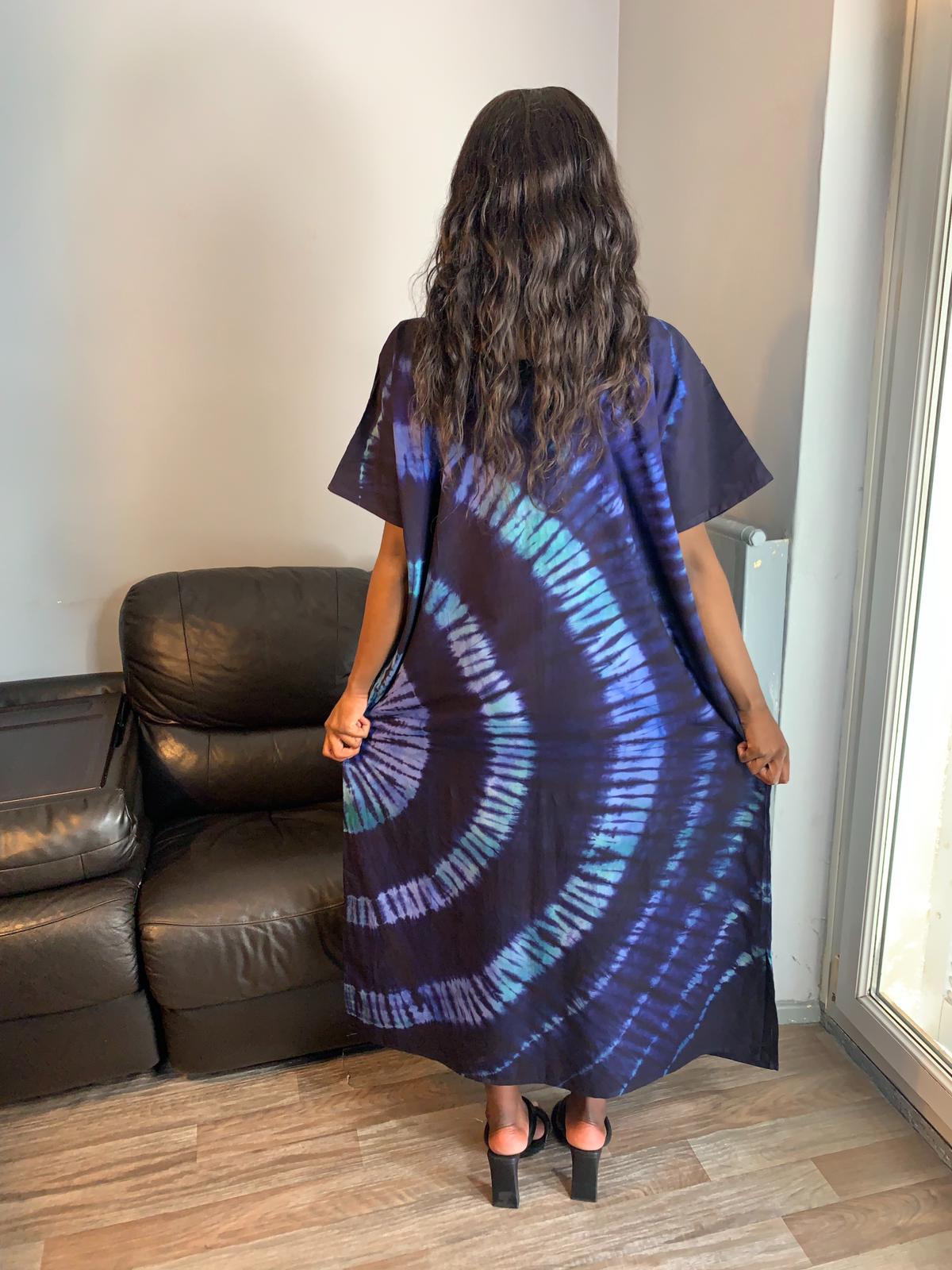 Robe Bleu Indigo Vert Tye and Dye 100% coton