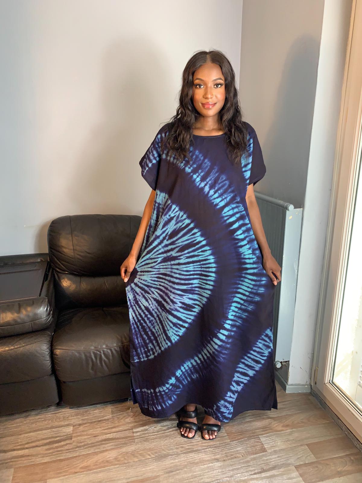 Robe Bleu Indigo Vert Tye and Dye 100% coton