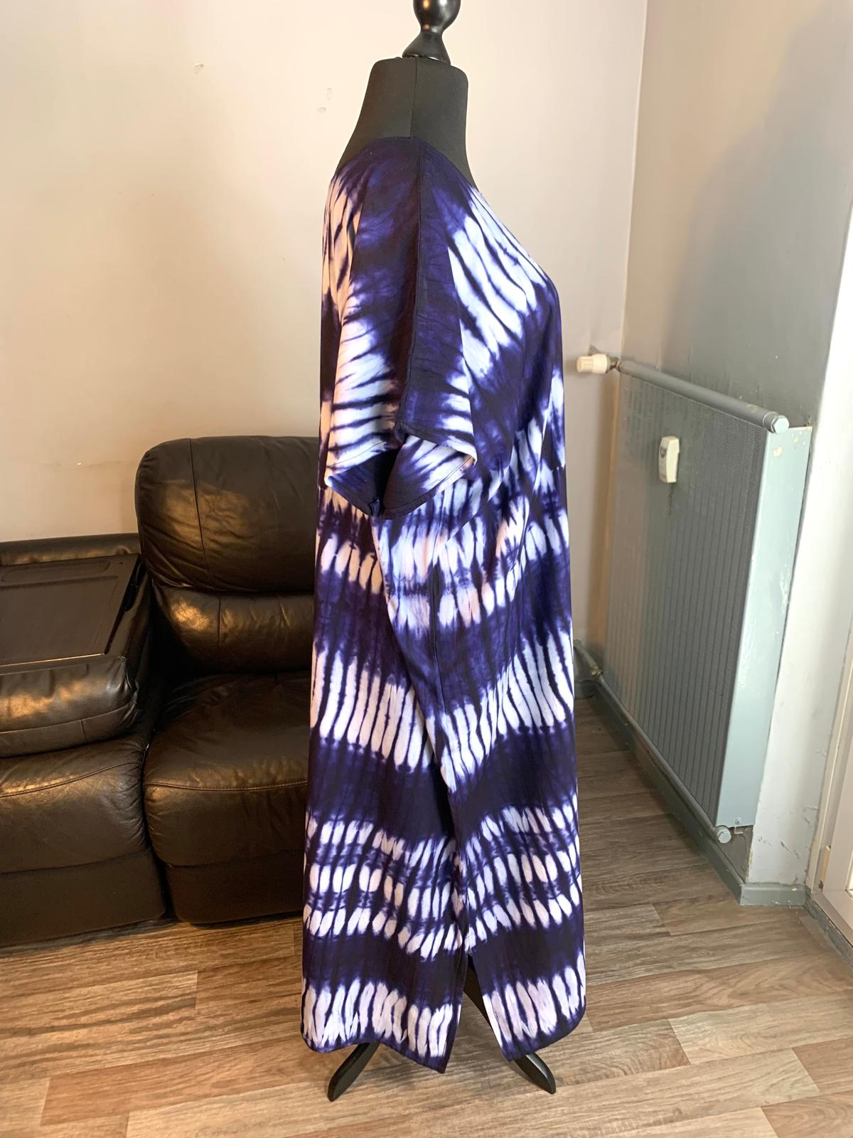 Blau-weißes, indigoblaues, mehrfarbiges Tye-and-Dye-Kleid, 100 % Baumwolle