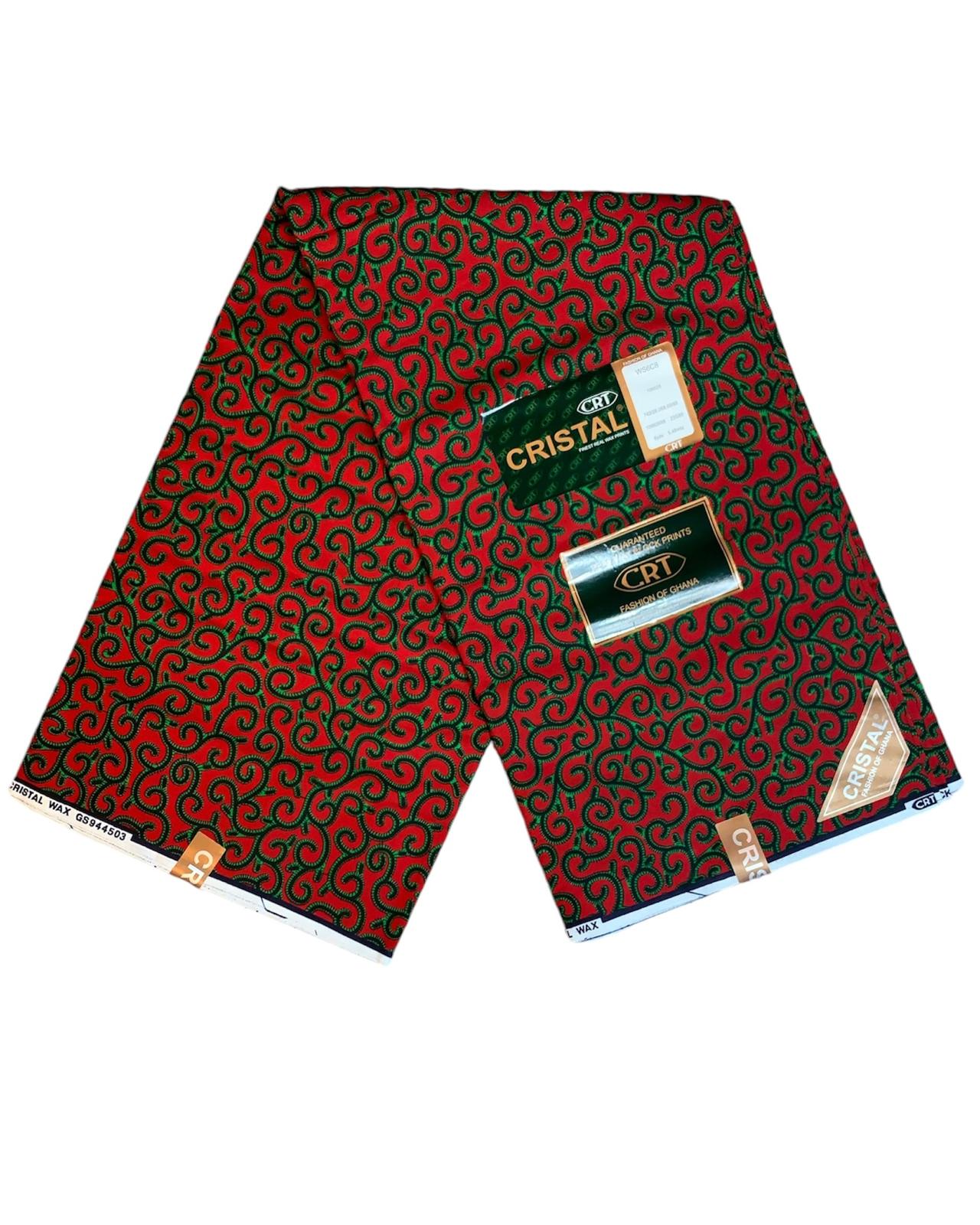 Tissus en Wax 1 à 5 Yards Marque "Crystal" Wax Qualité Supérieure Wax du Ghana Motif Macaroni Rouge