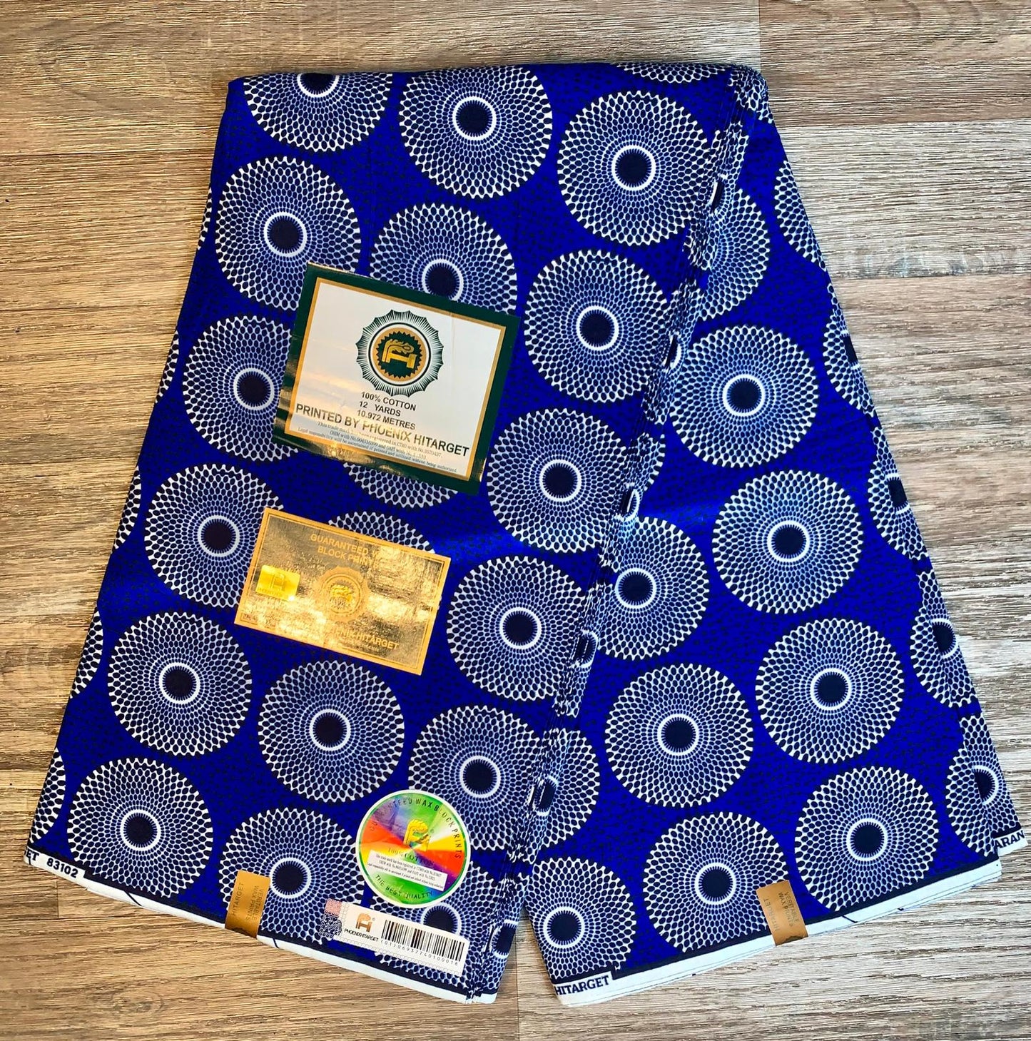 Tissus en Wax 1 à 12 Yards. Wax "Hitarget" Wax Petit Disques Bleu