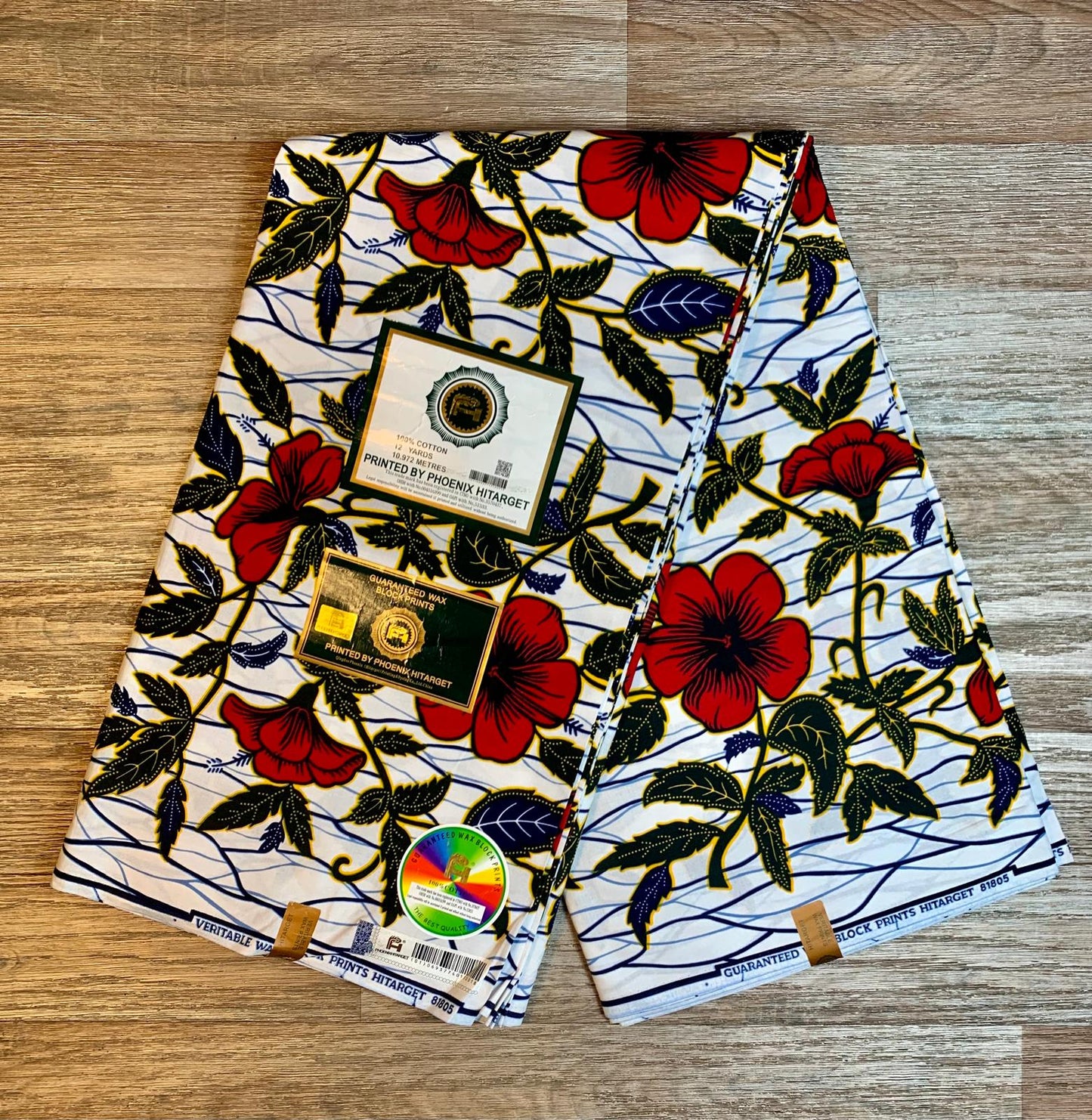 Tissus Wax Africain 100% Coton Ankara Design 1 à 12 yards Wax Hitarget Authentique motif : Hibiscus Blanc Rouge