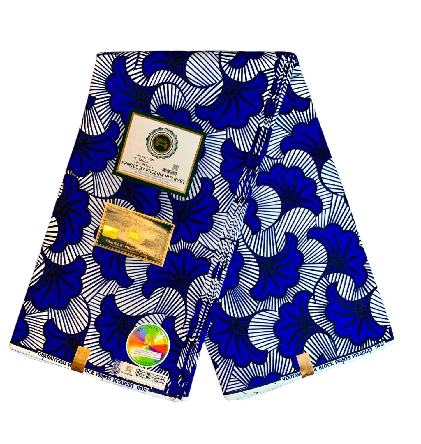 Tissus Wax Africain 100% Coton Ankara 1 yard Wax Hitarget Authentique Motif : Fleur de mariage bleu blanc et noir.