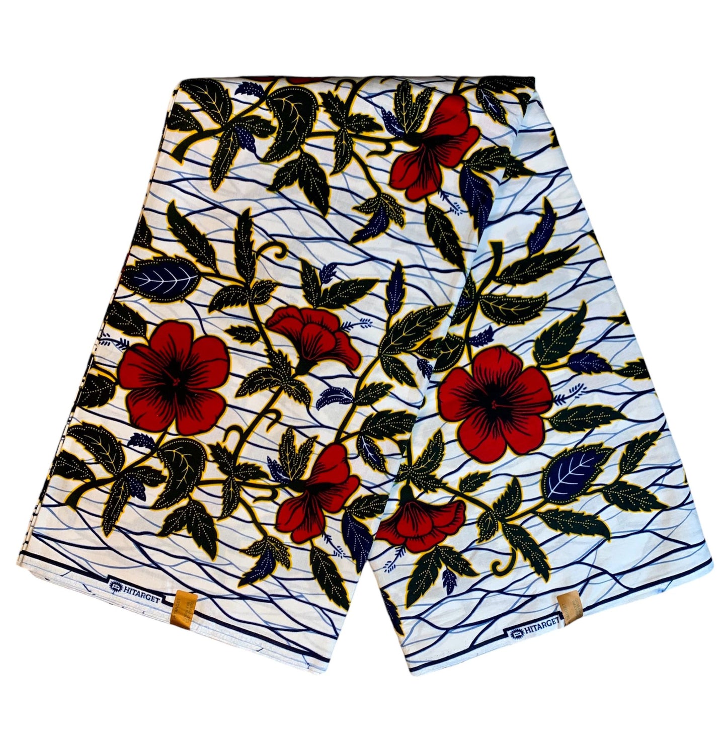 Tissus Wax Africain 100% Coton Ankara Design 1 à 12 yards Wax Hitarget Authentique motif : Hibiscus Blanc Rouge