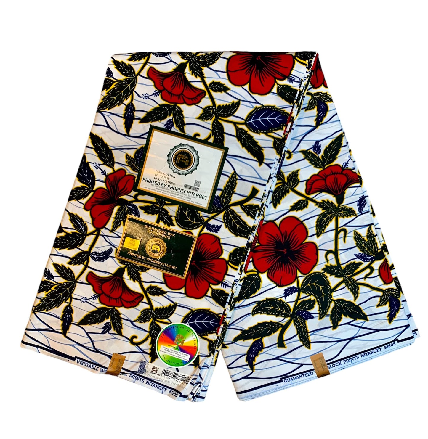 Tissus Wax Africain 100% Coton Ankara Design 1 à 12 yards Wax Hitarget Authentique motif : Hibiscus Blanc Rouge