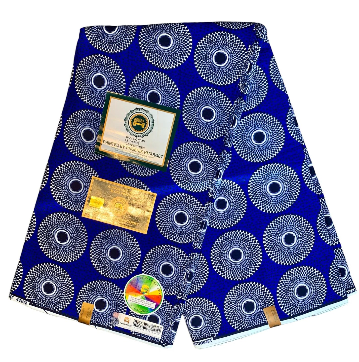 Tissus en Wax 1 à 12 Yards. Wax "Hitarget" Wax Petit Disques Bleu