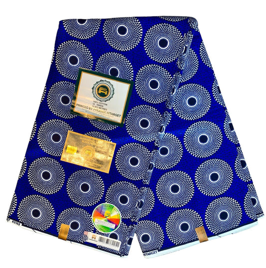 Wachsstoffe 1 bis 12 Yards. Marke "Hitarget" Wachs, hochwertiges Echtwachs, Muster: kleine blaue Scheiben