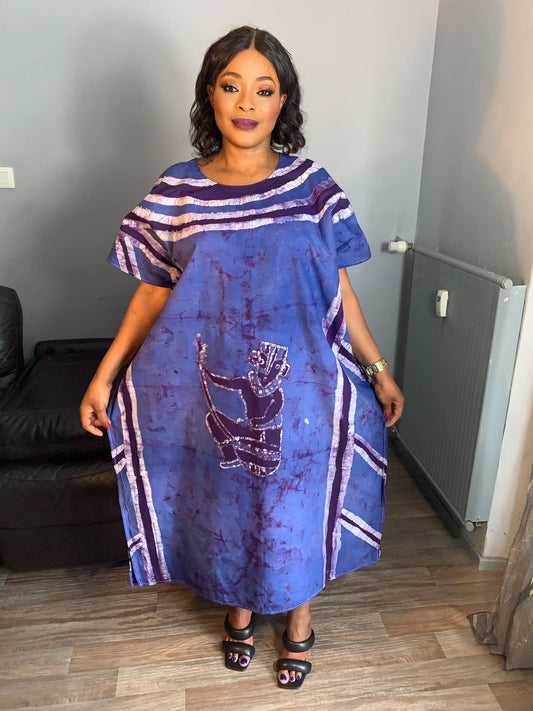 Blaues Batikkleid, Tye-and-Dye-Künstlerdesign, Gitarrenmuster, Baumwolle.