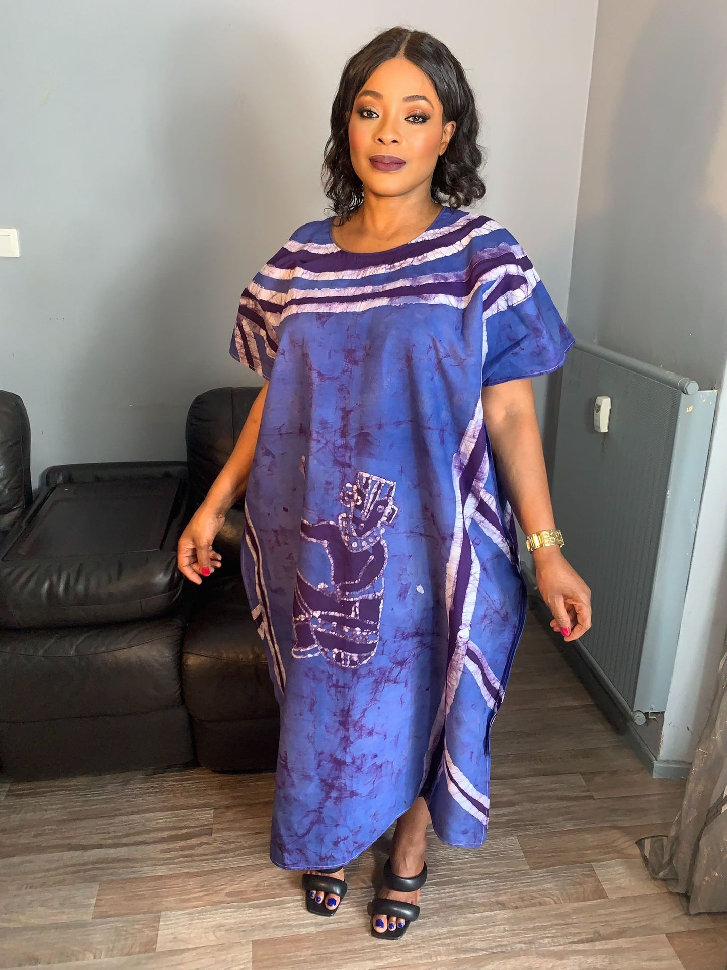 Robe Batik Bleu tye and dye Artisanale Design, motif guitare, coton.