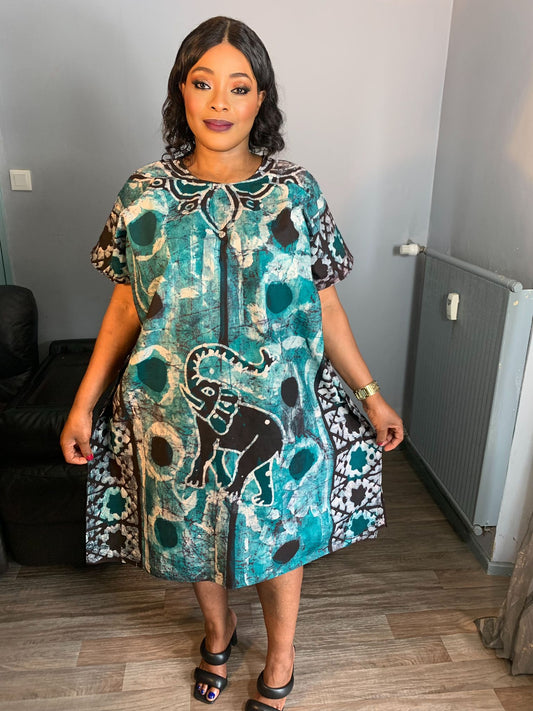 Batik-Kleid-Muster: Grüne Elefanten