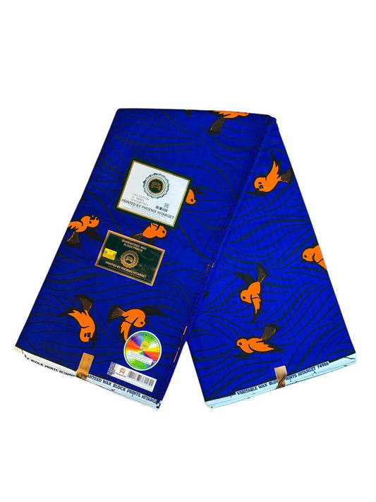 Afrikanischer Wachsstoff, 100 % Baumwolle, Ankara-Design, 1 bis 12 Yards, Wax Hitarget, authentisches Muster: Vogel, Orange, Blau