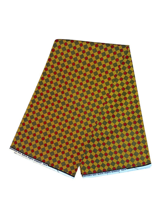 Afrikanischer Wachsstoff, 100 % Baumwolle, Ankara, 1 bis 6 Yards, Authentisches Wachs-Hitarget-Muster: Orangefarbener und roter Würfel.