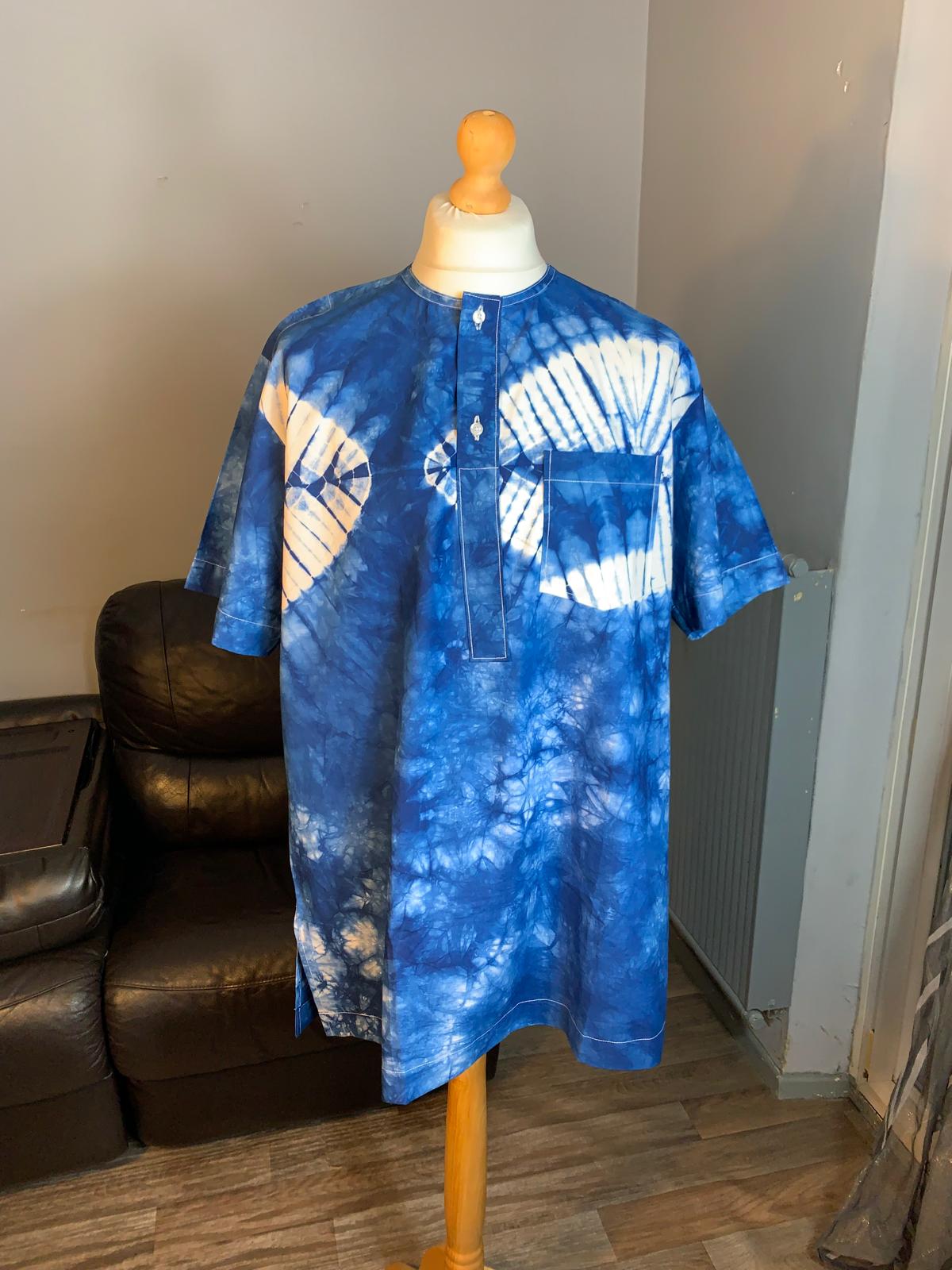 Herren Indigo Hellblau Adire Kampala Hemden (Große Größen) Übergröße XXL 100% Baumwolle