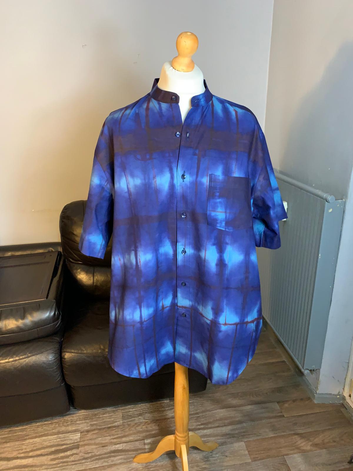 Chemise homme Indigo, Batik, bleu marine , turquoise, collection, col mao, vintage yoruba.